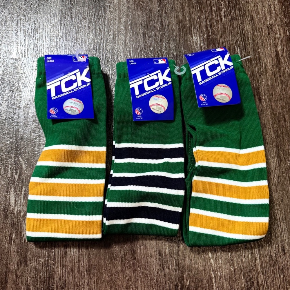 TCK Baseball Stirrup Lot Mens Large Green Striped 300 Series Nylon USA Made 3pk